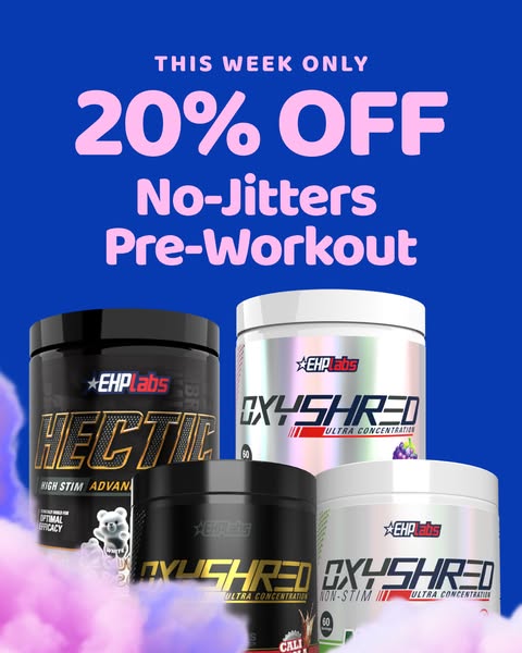 This image ad promotes EHP Labs pre-workout supplements with a limited-time offer. The ad features various products and