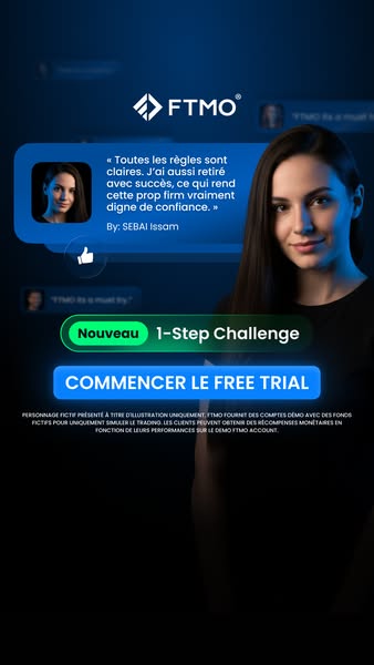 This ad for FTMO features a testimonial from a satisfied customer alongside a call to action for a free trial of the 1-S