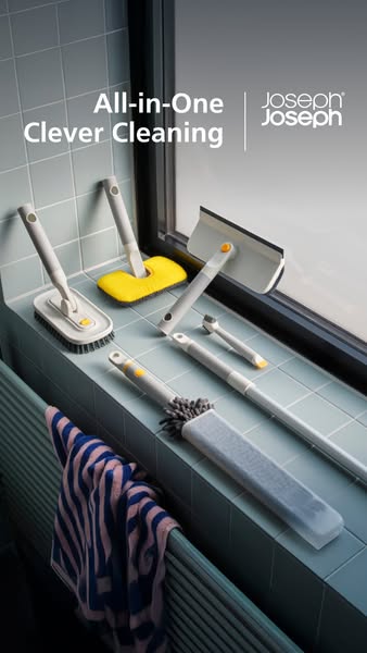This image ad showcases the Joseph Joseph brand's All-in-One Clever Cleaning kit. It displays the entire cleaning ki