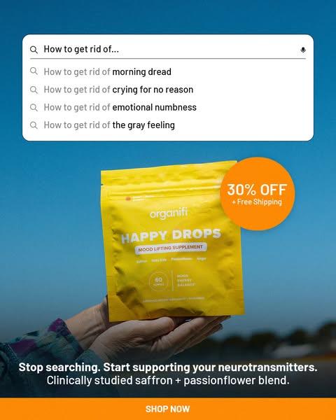 The ad addresses feelings of morning dread, crying for no reason, emotional numbness, and the gray feeling, using a Goog