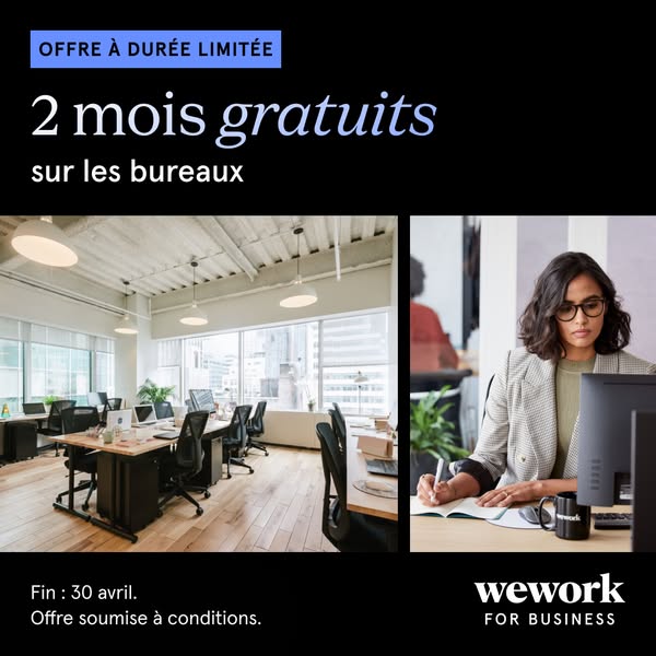 The ad promotes a limited time offer from WeWork for two free months of office space. The ad uses a split screen, showin