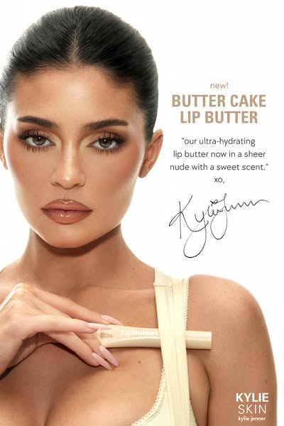 This ad for Kylie Skin's Butter Cake Lip Butter features Kylie Jenner modeling and promoting the product. The ad hig