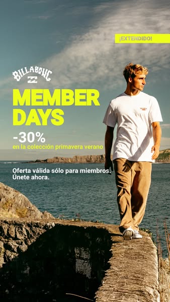 This image ad promotes Billabong's Member Days with a 30% discount on the spring/summer collection, exclusively for 