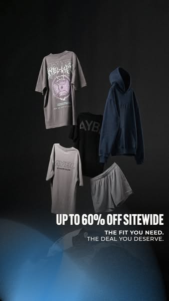 This image ad showcases AYBL fitness apparel and advertises a sitewide sale of up to 60% off.