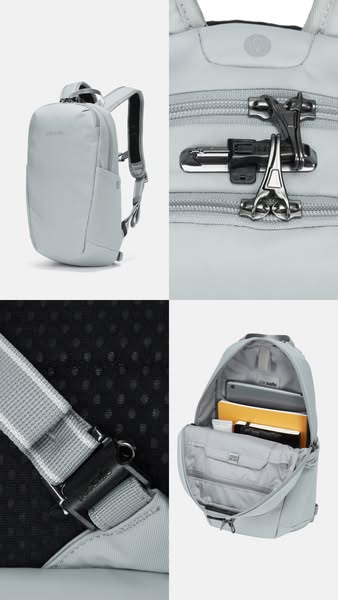 A simple, grid-based image ad showcasing the Pacsafe backpack from multiple angles to highlight its features.