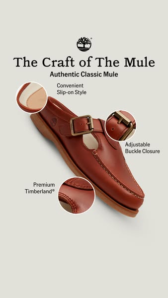 This image ad from Timberland showcases the craft and details of their classic mule. The ad points out the convenient sl