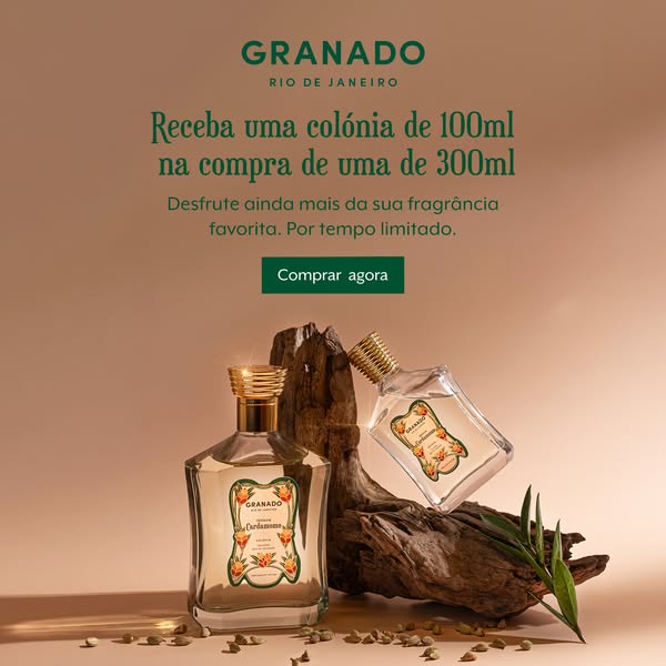 The ad showcases two Granado Rio de Janeiro perfume bottles, highlighting a promotional offer where customers receive a 