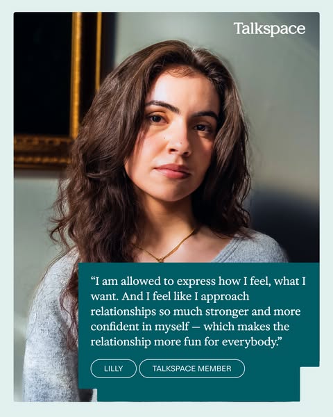 This ad features a testimonial from a Talkspace member about the positive impact the service has had on her ability to e