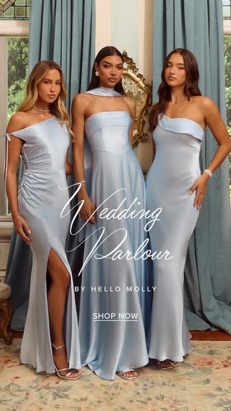 This ad features three women wearing floor-length light blue dresses. The ad attempts to grab the attention of its inten