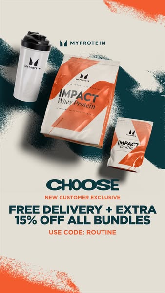 This ad for Myprotein promotes a new customer exclusive offer of free delivery and an extra 15% off all bundles when the