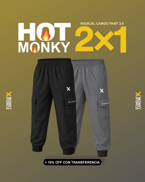 This image ad from Monky promotes their Radical Cargo Pant 3.0. The ad features a '2x1' offer and an additional 
