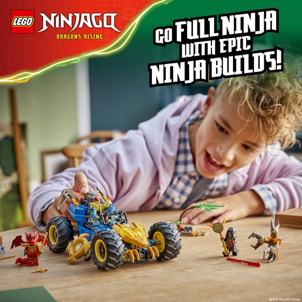 This ad showcases the LEGO Ninjago Dragons Rising toy set. It features a young boy playing with the set, highlighting th