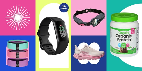 This ad presents various fitness-related products as a gift guide.