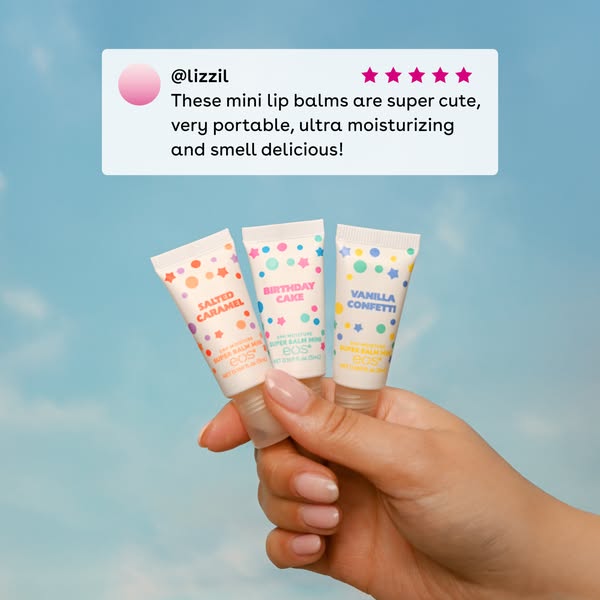 The ad features a testimonial highlighting the cuteness, portability, moisturizing properties, and delicious scent of EO