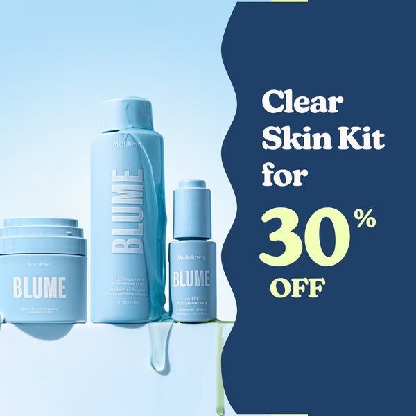 Image ad for Blume's Clear Skin Kit featuring three skincare products in baby blue packaging against a blue backgrou