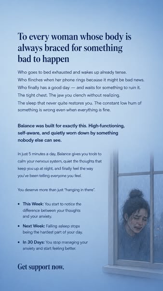 An image ad for Balance shows an illustration of a woman crying in a window next to a list of benefits the app provides 