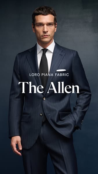 This ad showcases a man wearing a suit made of Loro Piana fabric. The ad highlights the suit's fabric and design.