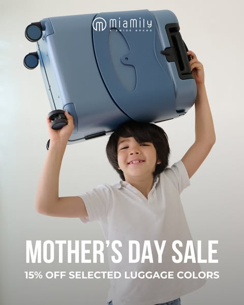 An image ad for Miamily luggage featuring a smiling boy holding the suitcase over his head, advertising a Mother's D