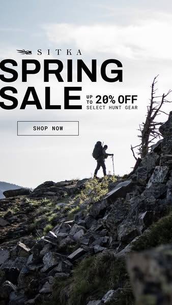 This image ad from SITKA promotes their spring sale on hunting gear. It features a hiker in the wilderness and advertise