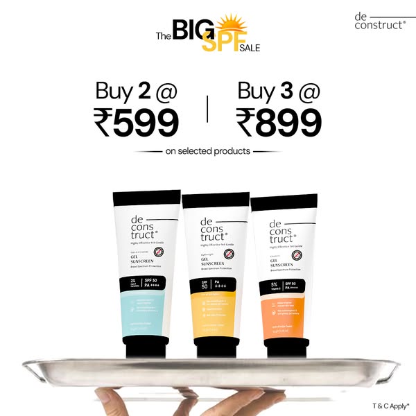 This image ad promotes deconstruct sunscreen with a 'buy more save more' offer. The ad highlights a sale on gel 
