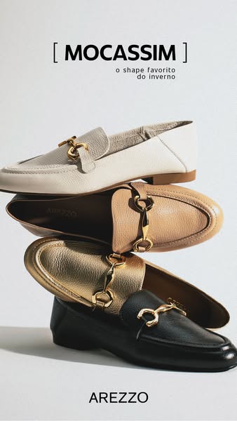 This ad showcases a stack of four Arezzo moccasin shoes, each in a different color. The headline highlights the shoe as 