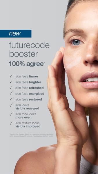 This ad for Futurecode Booster features a woman with the product applied to her face. The copy highlights that 100% of s