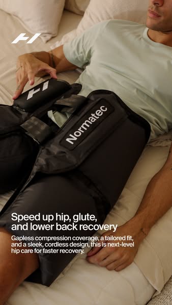 This ad promotes Normatec's hip compression device as a way to speed up hip, glute, and lower back recovery. It emph