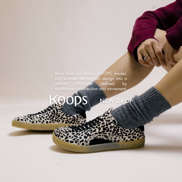 This ad showcases a pair of Koops sneakers, highlighting the 'KAI' model's evolution from the iconic KOOPS d