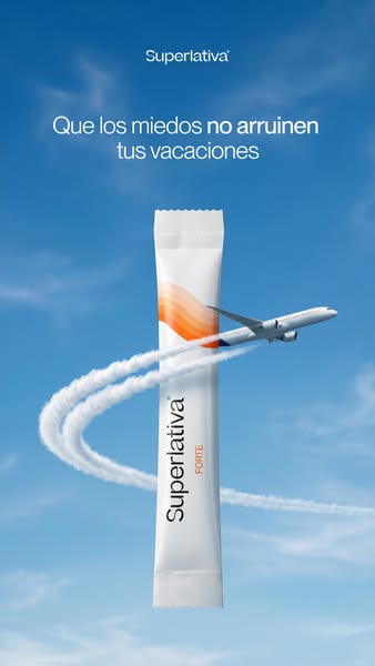 This ad for Superlativa Forte shows a single-use packet in front of an airplane in the sky to demonstrate how the produc
