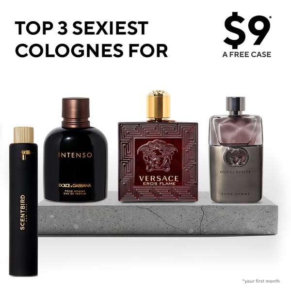 This ad features three colognes (Intenso by Dolce & Gabbana, Eros Flame by Versace, and an unnamed scent by Scentbir