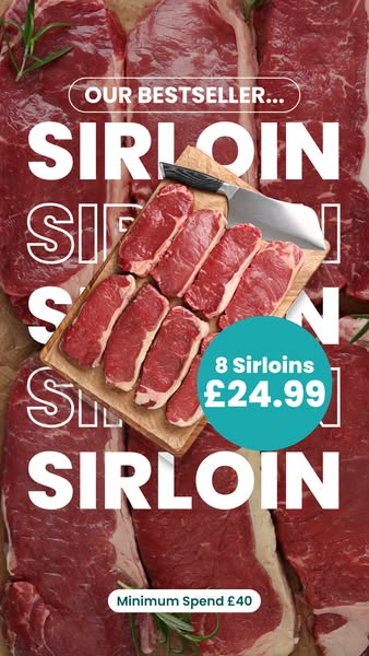 An image ad that advertises sirloin steaks. It features eight sirloin steaks on a cutting board with a knife, surrounded