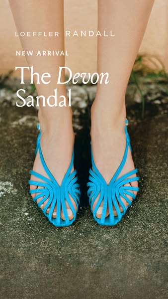 This image ad showcases the brand Loeffler Randall's 'The Devon Sandal'. The ad features a close-up shot of 