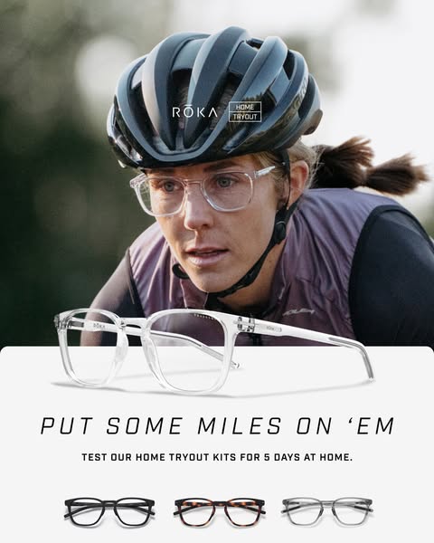 This ad showcases ROKA eyewear through a lifestyle image of a cyclist wearing the glasses. It promotes the brand's &