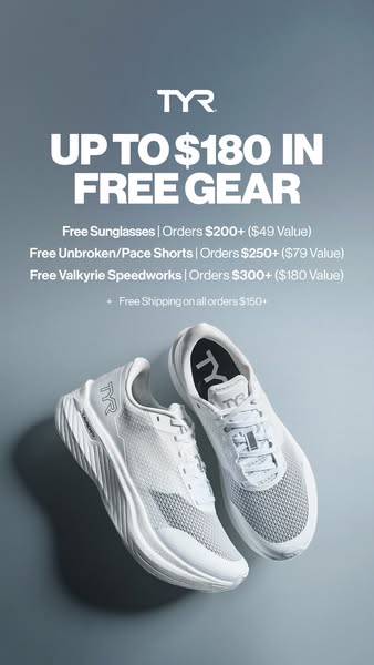 This ad by TYR features a pair of Valkyrie Speedworks shoes and promotes free items with purchases over a certain dollar