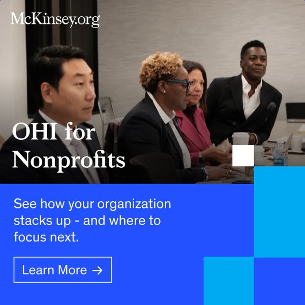 This image ad for McKinsey promotes their OHI (Organizational Health Index) for Nonprofits. The ad features a photo of d