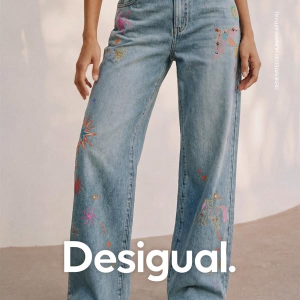 This ad for Desigual features a pair of light blue, wide-leg jeans with colorful embroidered designs. The ad emphasizes 