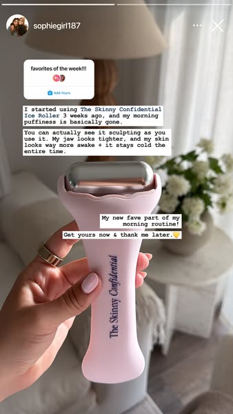 An Instagram story-style ad features a woman holding The Skinny Confidential Ice Roller, touting its ability to reduce m
