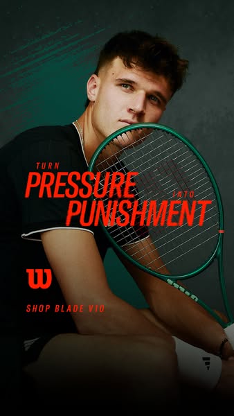 An advertisement for Wilson's Blade V10 tennis racquet. The ad features a male tennis player holding the racquet and
