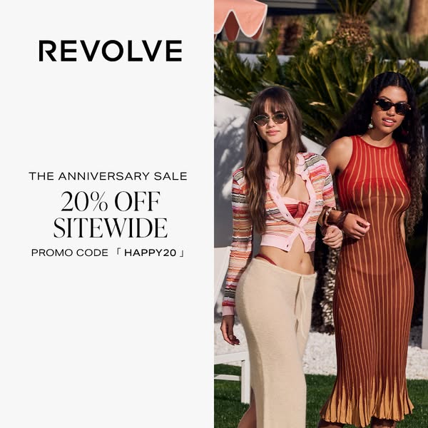 This ad is for Revolve's anniversary sale. It features two models wearing outfits available on the Revolve website. 