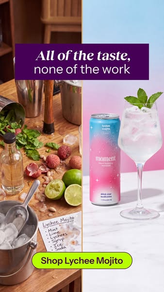 This image ad promotes Moment's Lychee Mojito drink as a quick and easy alternative to making the beverage from scra