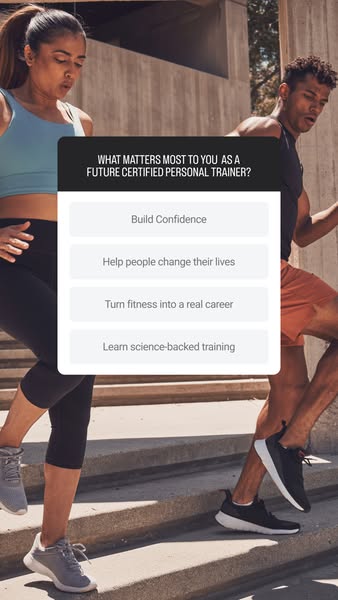 The image ad features a poll question asking future certified personal trainers what matters most to them, followed by f