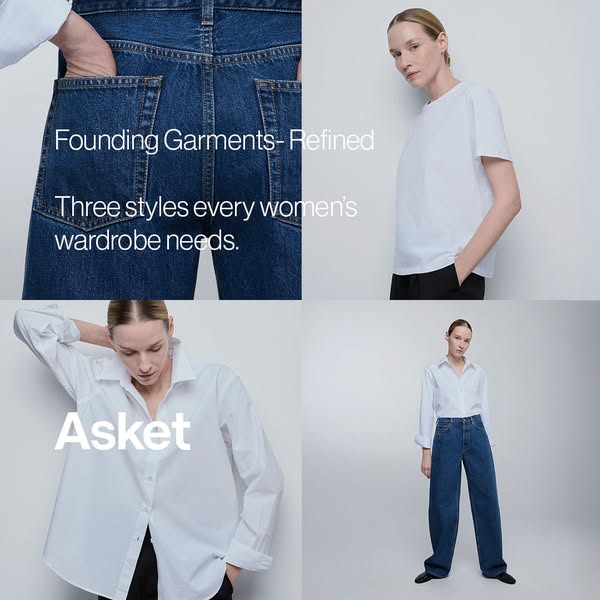 This collection ad features three clothing staples for women from Asket. The ad is visually clean and minimalist, showca