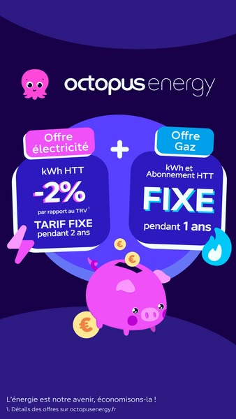 This image ad promotes Octopus Energy, highlighting offers for electricity and gas. The ad features a piggy bank, symbol