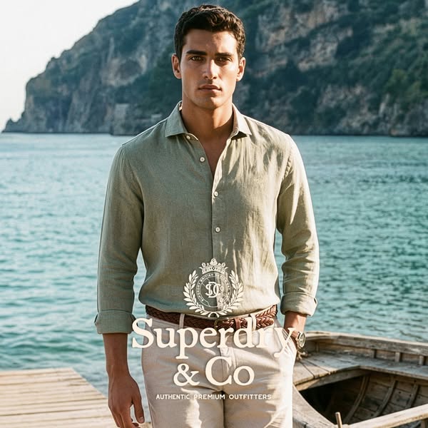 This ad features a man dressed in Superdry & Co apparel in front of an ocean landscape.