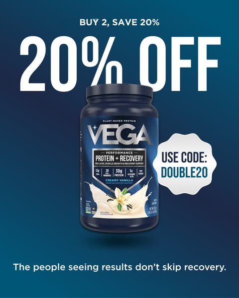 This image ad is promoting Vega Performance Protein + Recovery powder with a 20% off discount. The ad features a contain