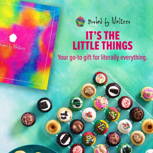 This image ad for Baked by Melissa promotes the brand's mini cupcakes, highlighting that they are the perfect gift f