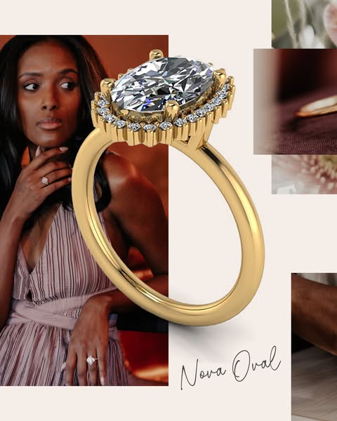 This ad showcases an oval-cut diamond ring. The image features a person wearing the ring against a warm-toned backdrop, 