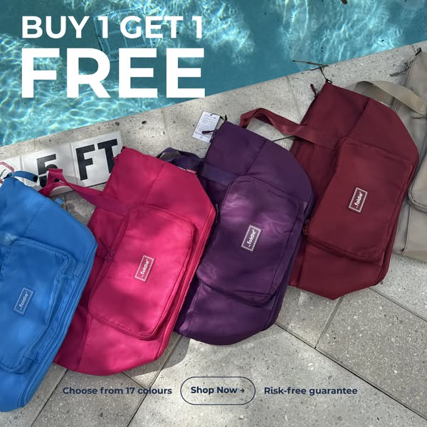 This image ad promotes Foldie bags with a buy-one-get-one-free offer. Several colorful Foldie bags are displayed next to