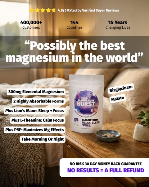 This image ad promotes Enhanced Magnesium Burst, highlighting its benefits for relaxation, sleep, and overall well-being