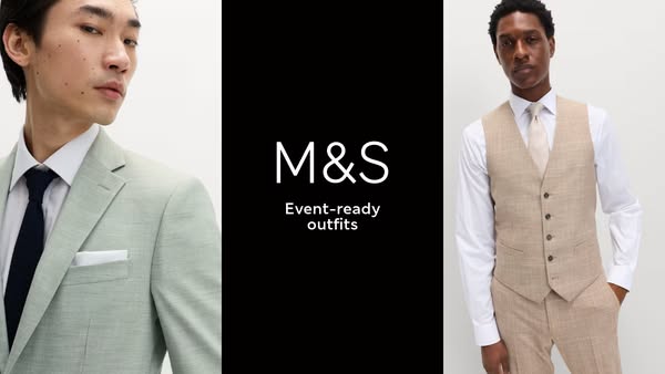 This ad for M&S showcases a split screen design. On the left, a man is wearing a light green suit with a navy tie, w